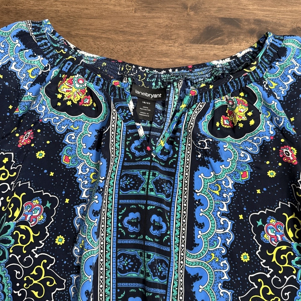 Lane Bryant Womens sz 18/20 Blue Paisley 3/4 Sleeve BoHo Peasant Blouse Shirt - Picture 7 of 10